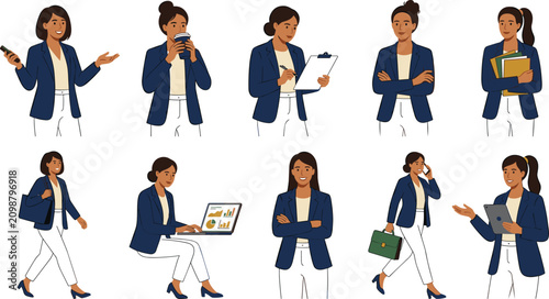 Set of professional business woman characters in diverse office poses and daily work activities