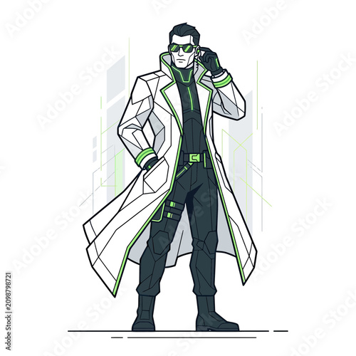 Tablou pe pânză Futuristic Man in White Lab Coat, Cyberpunk Style, Sci-Fi Character