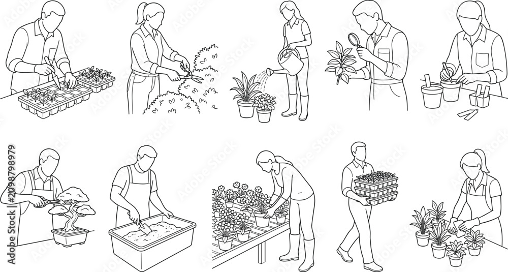Fototapeta premium Set of professional gardeners and plant nursery workers performing various horticulture and botanical care tasks.