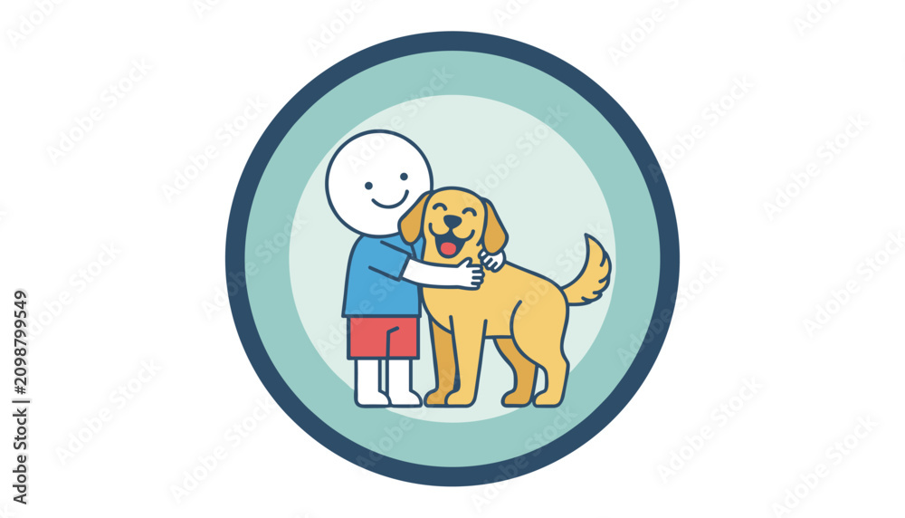Fototapeta premium Heartwarming illustration of a simple cartoon character hugging a loyal golden retriever dog inside a circular frame.