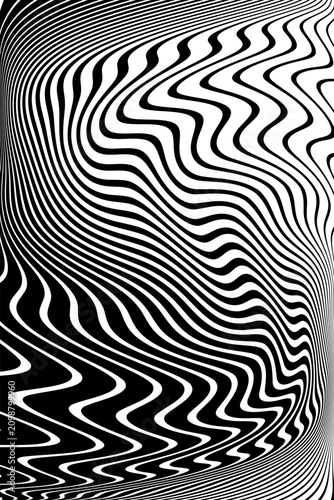 Black and White Wavy Lines Pattern with Movement Illusion Effect. Abstract Vertical Textured Striped Background. 