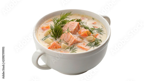 Fotografía White ceramic bowl filled with traditional hot salmon soup gourmet seafood isola
