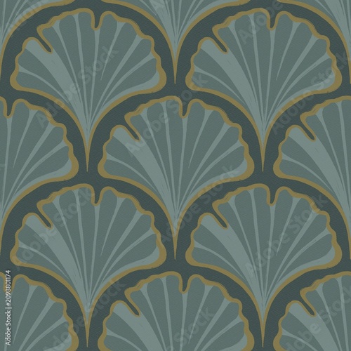 Canvastavla Seamless art deco ginkgo fan pattern in teal and gold, large scale luxury wallpa