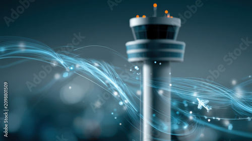 An airport control tower stands tall against a dark, blurry background, with glowing blue light trails swirling around it. The tower is modern and sleek, with a circular observation deck at the top.