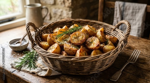 Freshly roasted potatoes in rustic woven basket on wooden table.