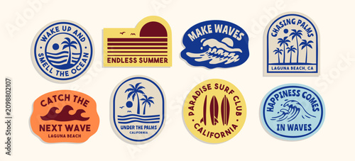 Vintage surf badge collection featuring beach, waves, palm trees, and California-inspired graphics. Perfect for t-shirt designs, stickers, branding, and summer-themed designs.