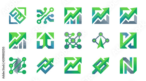 Collection of green and blue business icons.