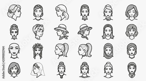 Quadro su tela Elegant Collection of Diverse Female Hairstyles and Headwear in Minimalist Black