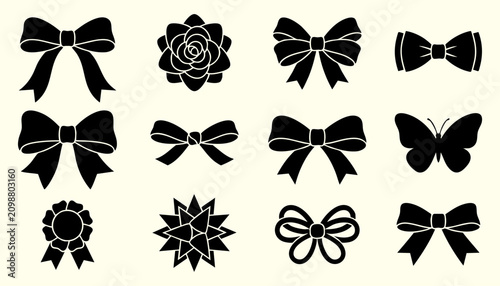 Quadro su tela Set of black silhouette ribbon bows and rosette decorations with silhouette deco