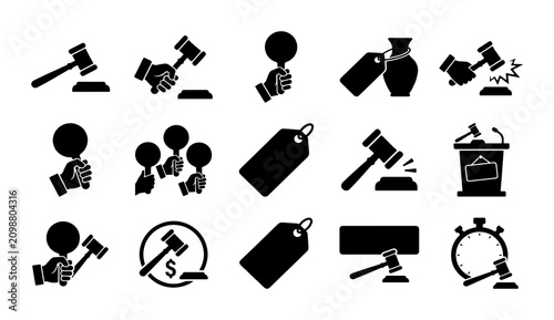 Tableau sur toile Auction and bidding icon set, 15 black vector silhouettes of judge gavel and bid