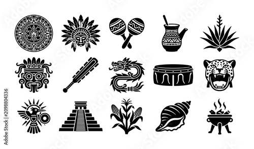 Tableau sur toile Mexican Aztec culture icons set, 15 black vector elements of Mayan civilization,