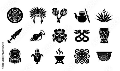 Φωτογραφία Aztec and Mayan culture icons set, 15 black silhouette Mexican indigenous symbol