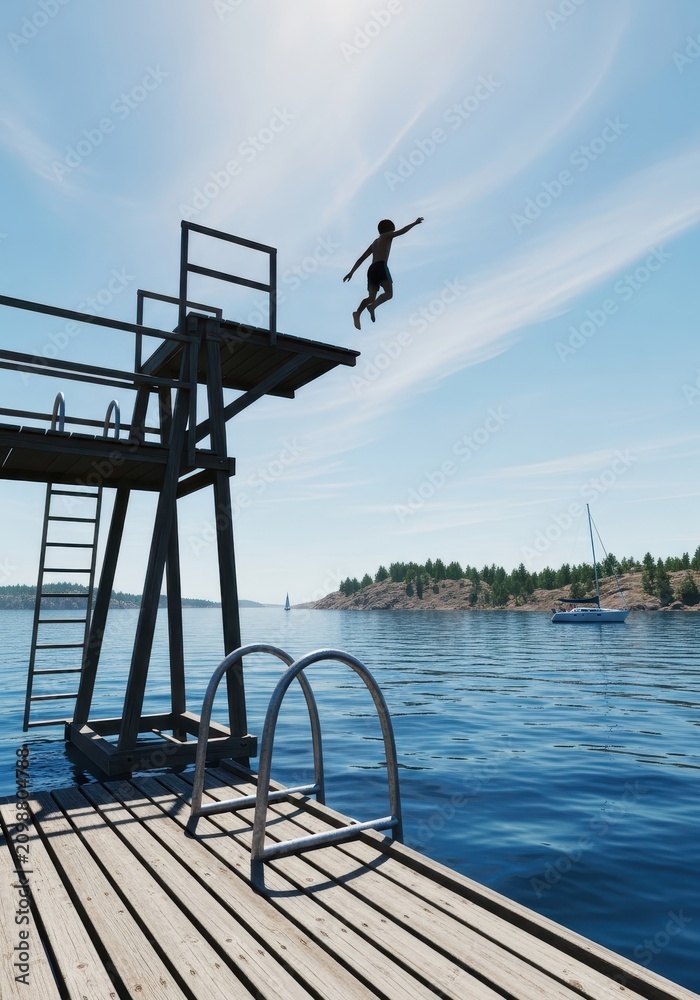 Fototapeta premium Silhouette of a Young Man Jumping from a High Diving Board into the Blue Water of a Lake on a Sunny Summer Day