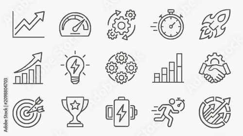 Clean Minimalist Black and White Line Icons Set for Business Marketing and Productivity Concepts