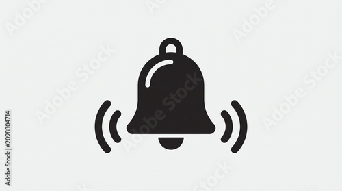 Create a bold and recognizable notification bell icon in a clean vector silhouette style. The design should feature a large ringing bell with a rounded top loop, smooth curved body, visible clapper, a