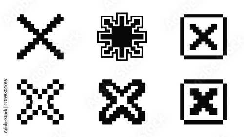 Retro pixel art cross icons set, 8-bit style delete and close symbols, black and white gaming interface elements, 6 vector pixelated UI buttons