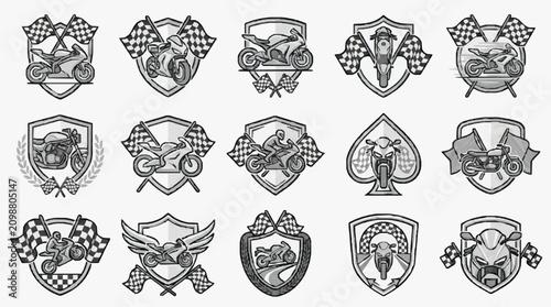 Konstfotografi Dynamic Black and White Motorcycle Racing Emblem Collection with Checkered Flags