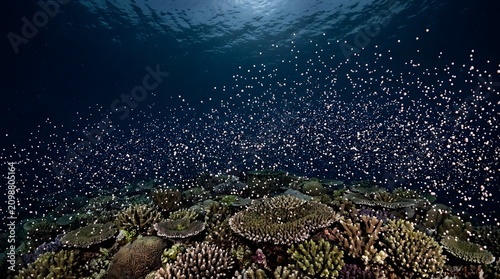 Underwater coral spawning event in the deep ocean, mass coral reproduction in reef
