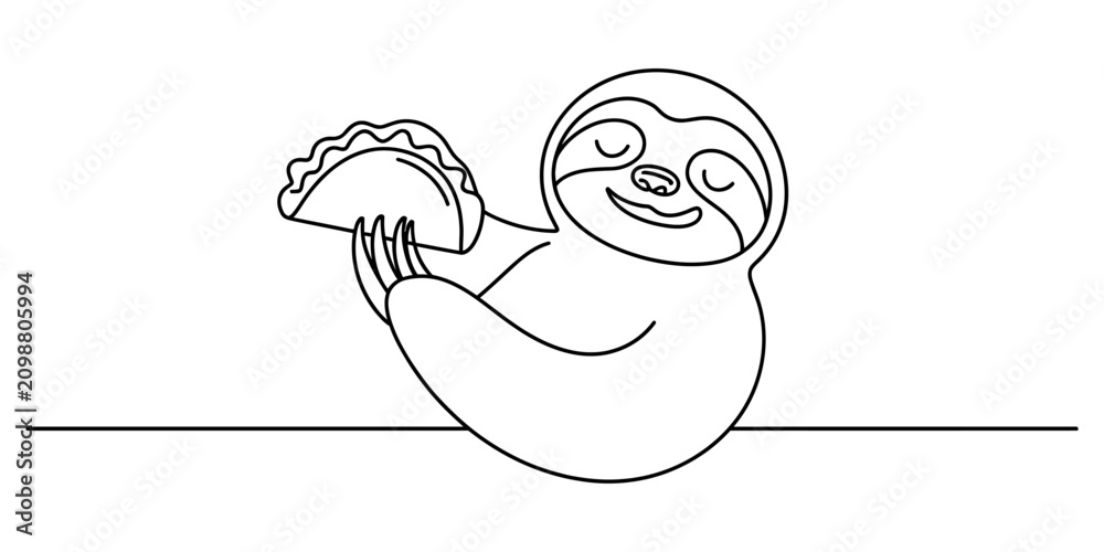 Fototapeta premium Cute cartoon sloth holding a delicious taco line art drawing for kids coloring page style illustration with simple black outlines on a clean surface