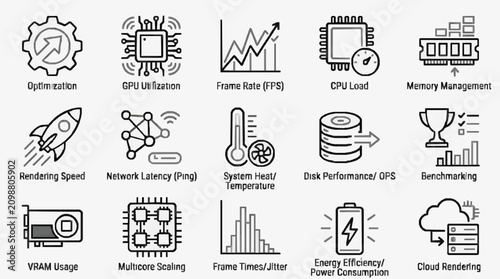 Corporate Infographic Icons Showing Key Performance Metrics for System Optimization and Rendering Efficiency in Monochrome