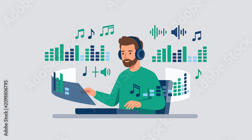 Focused bearded man with headphones actively editing audio on a laptop, concept for sound engineering, music creation process, audio production software promotion and online music education.