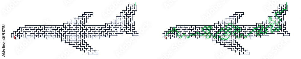 Obraz premium Airplane shaped maze for activity book. Complex grid labyrinth with solution path. Travel puzzle vector illustration isolated on transparent background