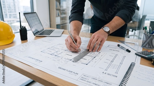 Architect drafting blueprints with ruler and pen, yellow hard hat and laptop nearby