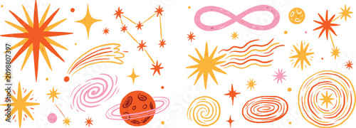 Tablou pe pânză Colorful illustration of various celestial bodies and shapes  planets stars gala