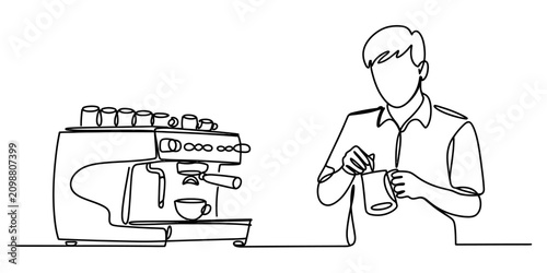 Continuous single line drawing of a professional barista making fresh coffee with a modern espresso machine in a cafe or coffee shop setting