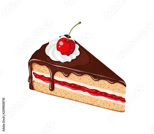 Slice of chocolate cake with cherry and whipped cream, dessert icon, simple cartoon style