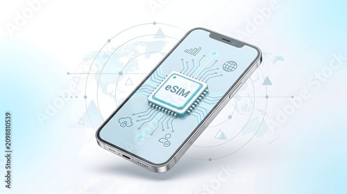 Smartphone with eSIM chip and digital network connections, representing mobile technology