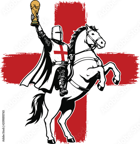 Tablou pe pânză A knight in full armor, riding a rearing horse, proudly holds aloft a world cup trophy against the backdrop of a large St