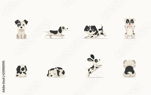 Cute cartoon puppies playing and resting in various playful poses isolated on transparent background