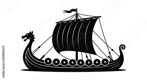 Φωτογραφία Viking longship with dragon figurehead black silhouette