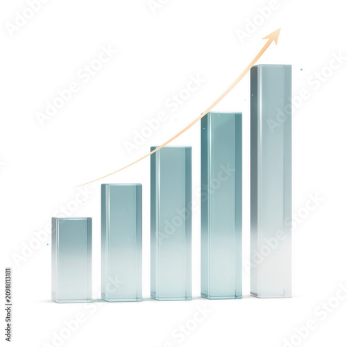 Glass bar chart with upward arrow during business growth and financial success Isolated on transparent background