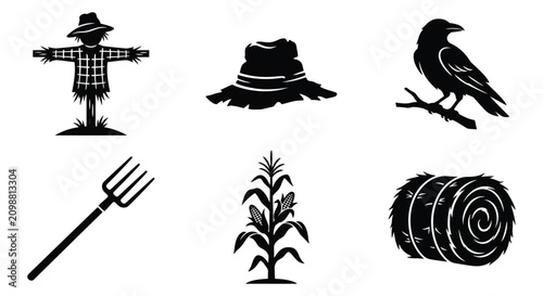 Photos Farm Elements Including Scarecrow Hay Bale And Pitchfork Silhouette
