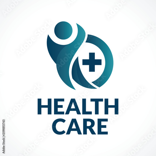 Modern Health Care Logo with Human Figure and Medical Cross Blue Gradient Vector Icon