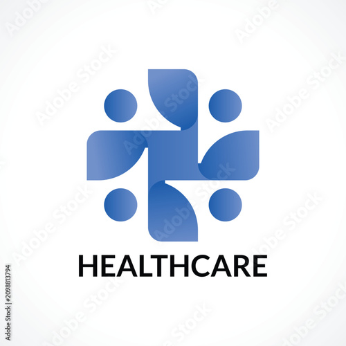 Modern Healthcare Community Cross Logo with Human Figures Blue Gra