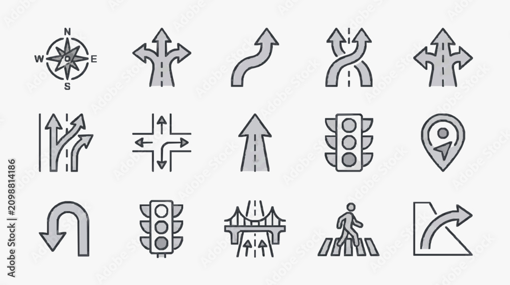 Fototapeta premium Elegant Minimalist Monochrome Road Signs and Direction Icons Set with Compass and Traffic Signals