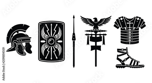 Tableau sur toile Ancient Roman Military Equipment Collection Black Silhouette