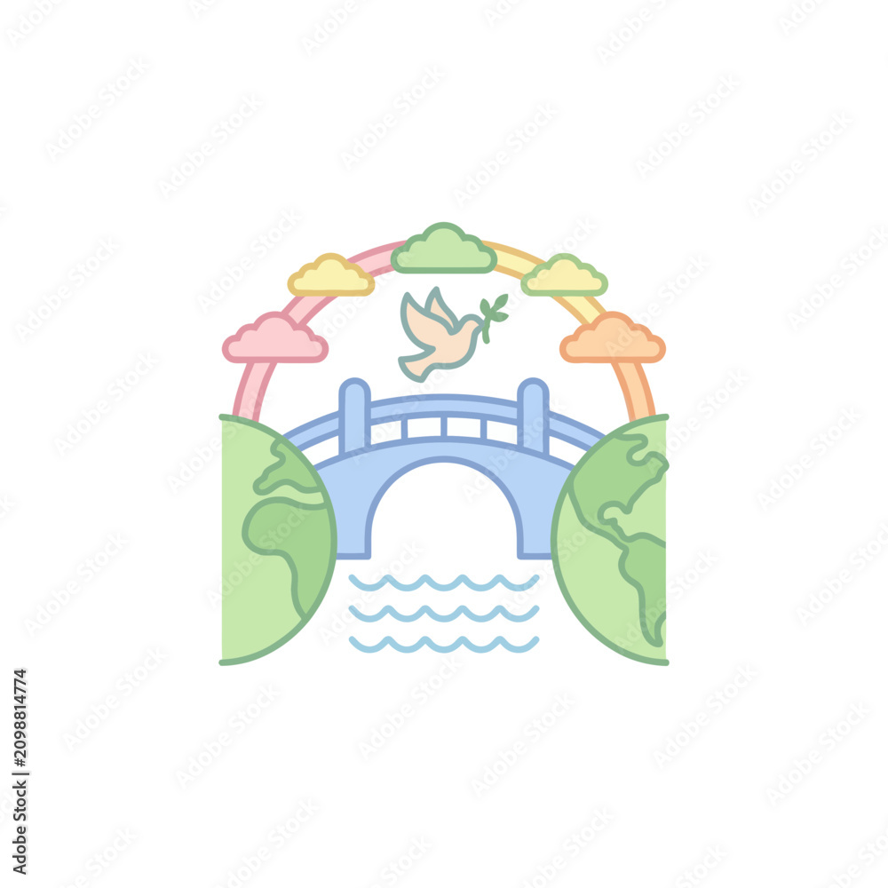 Obraz premium Dove of Peace flying over bridge connecting Earth, rainbow and clouds, symbol of hope