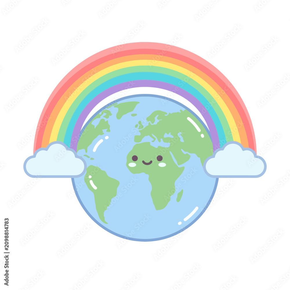 Obraz premium Cute cartoon earth with rainbow and clouds, happy planet illustration