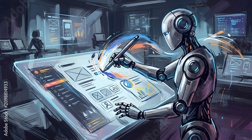 AI Robot Designing UI UX Wireframe on Digital Screen