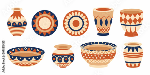 Obraz na płótnie Collection Of Ceramic Vessels Including Vases Vector Illustration
