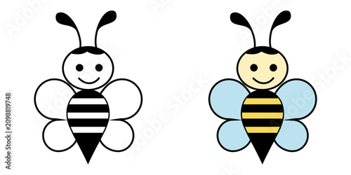 Cute set vector bee images (colored and black on transparent PNG), happy bumblebee outline illustration, baby honeybee icon, cute insect mascot element, and  minimalist cartoon accent in line style.