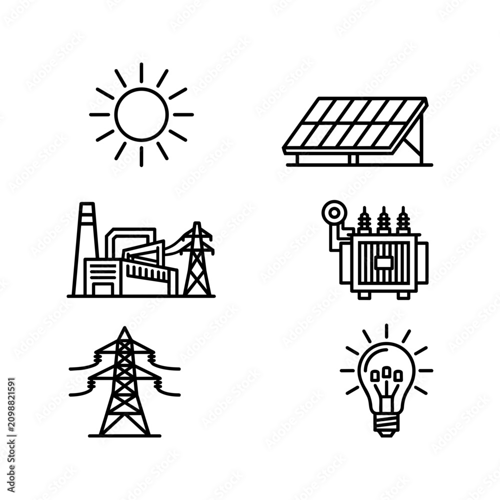 Naklejka premium Vector line icons set of solar energy, power plant, and electrical infrastructure symbols.