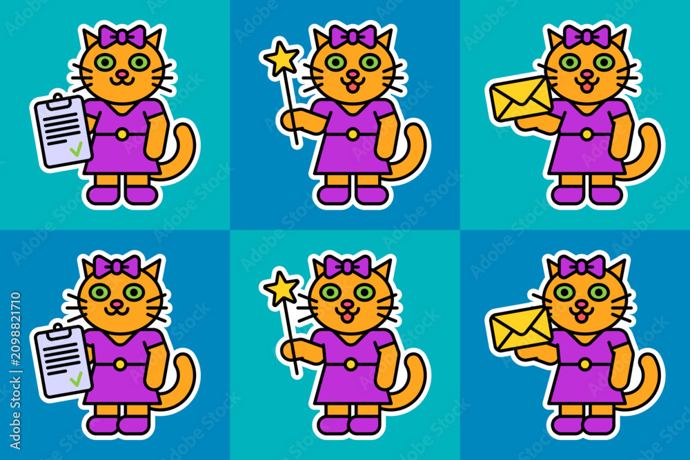 Obraz premium Cute cat girl holds different objects. Sticker set four. Character set