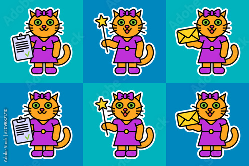Cute cat girl holds different objects. Sticker set four. Character set
