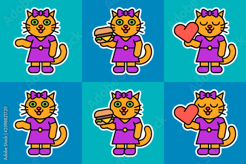 Cute cat girl holds different objects. Sticker set two. Character set