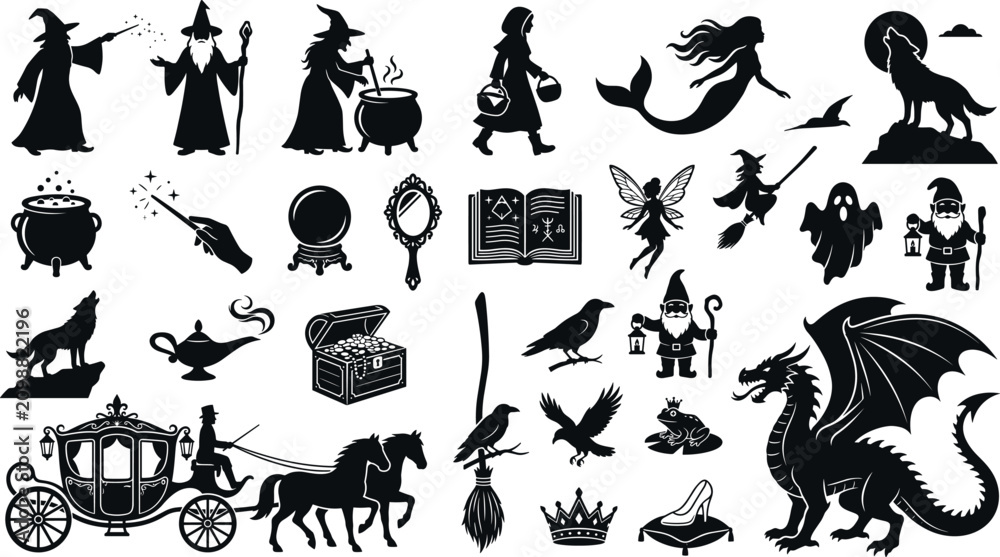 Obraz premium Fantasy fairytale elements silhouette, wizard, witch, dragon, mermaid, gnome, fairy, ghost, magic wand, cauldron, crystal ball, carriage, treasure chest.